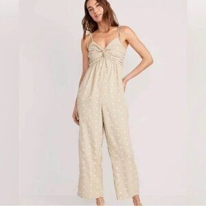 Old Navy Polka Dot Cropped Twist-Front Smocked Jumpsuit Linen Blend Size XL